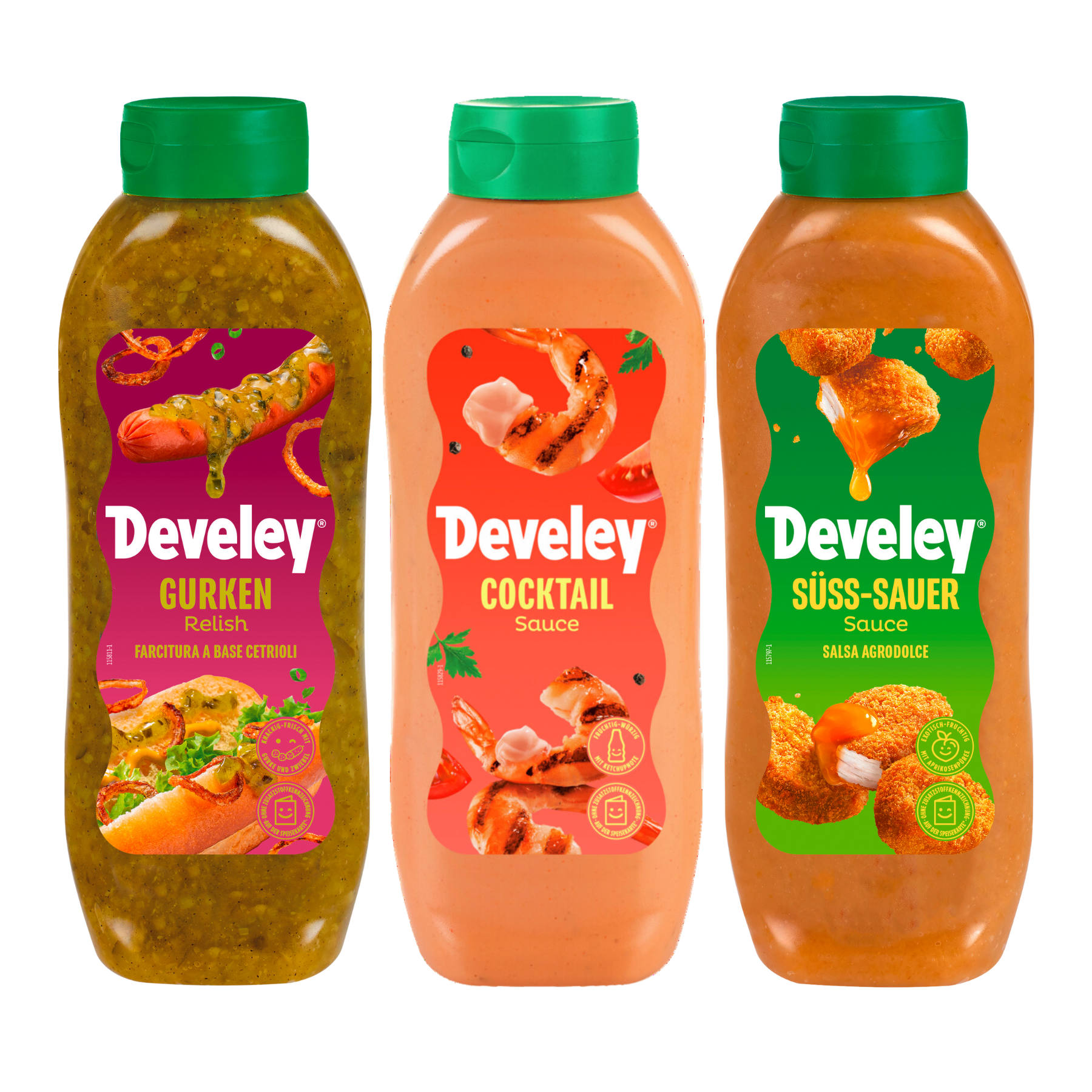 Develey 3er Saucen Set: Süßsauer Sauce, Gurken Relish, Cocktail Sauce, 875ml