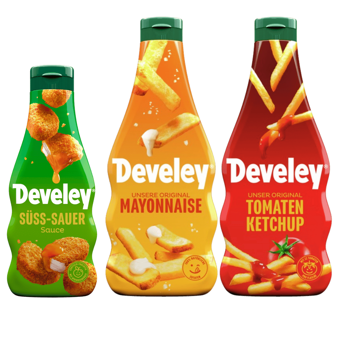 Dieses 3er Set beinhaltet die Süß Sauer Sauce, die Mayonnaise und den Ketchup von Develey