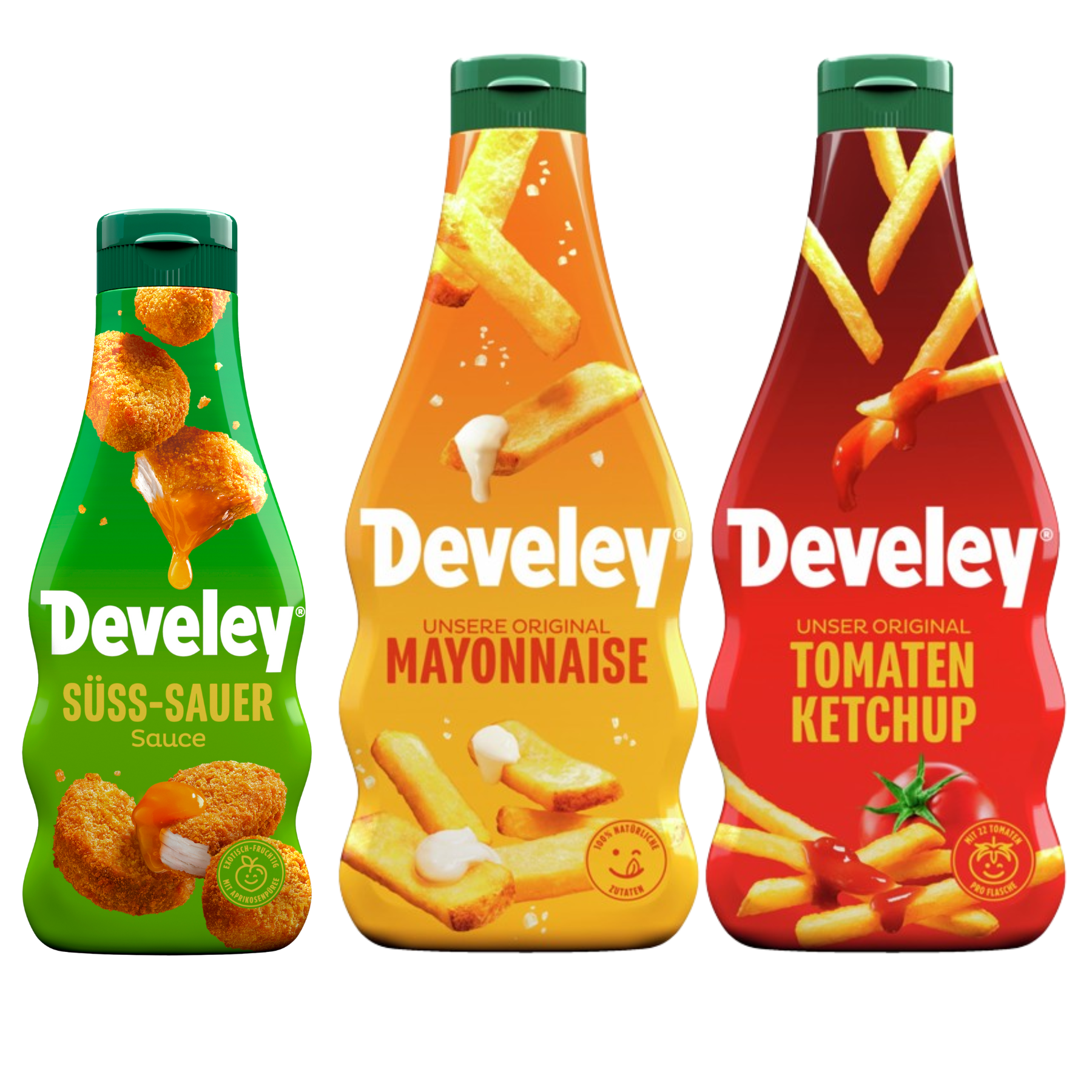 Die Produktabbildungen der Süß Sauer Sauce, des Ketchup und der Mayonnaise von Develey im 3er Bundle