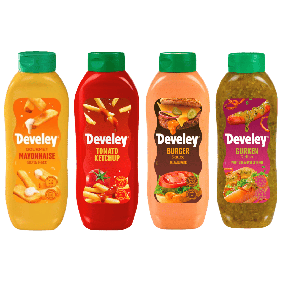 Dieses 4er Set beinhaltet die Mayonnaise, den Ketchup, die Burger Sauce und das Gurken Relish im 875 ml Großgebinde von Develey