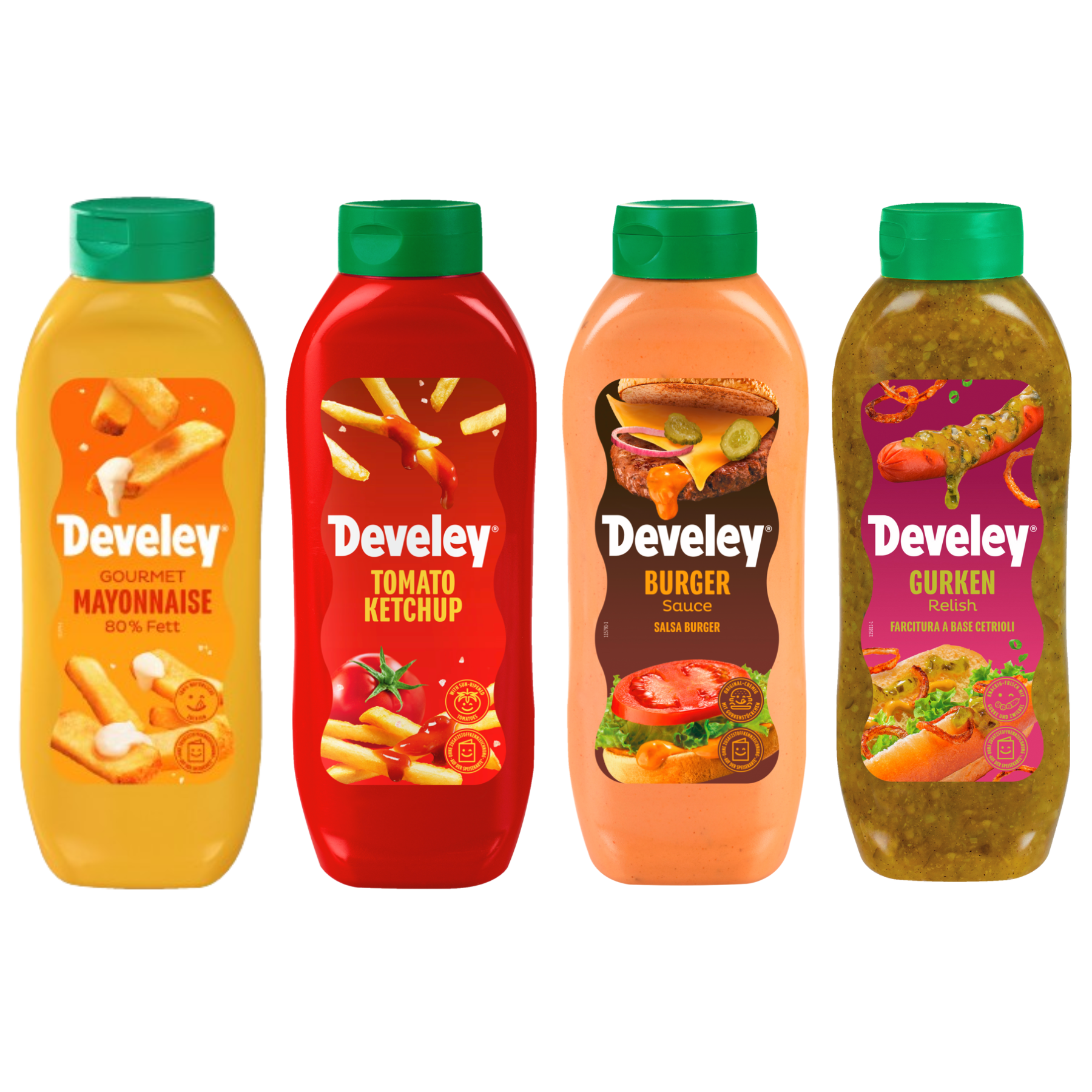 Develey 4er Bundle mit Ketchup,Gourmet Mayonnaise, Gurken Relish, Burger Sauce in der 875 ml Flasche