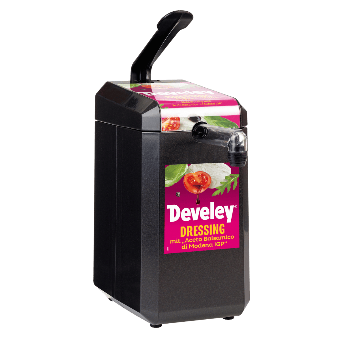Dispenser mit Etikett "Develey Balsamico Dressing" für 5 kg Dispenserbeutel