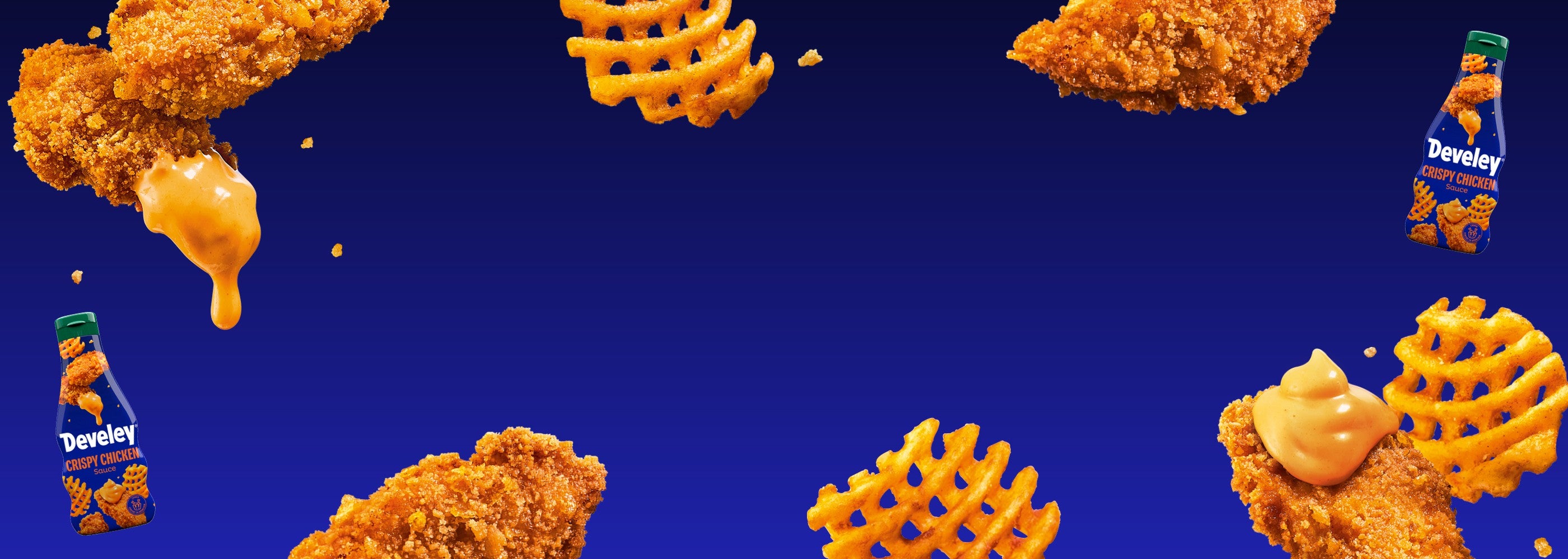 Develey Crispy Chicken Sauce Website Banner mit knusprigen Hähnchen Stückchen und Gitterkartoffeln