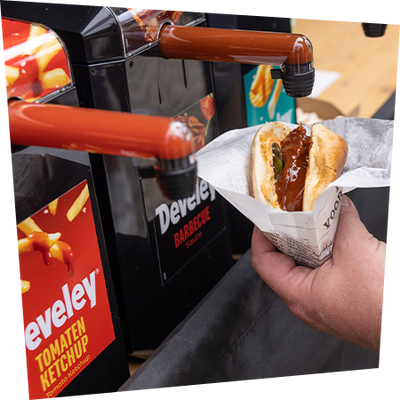 Develey Dispenser Barbecue Sauce, Tomaten Ketchup und Pommes Sauce mit Burger