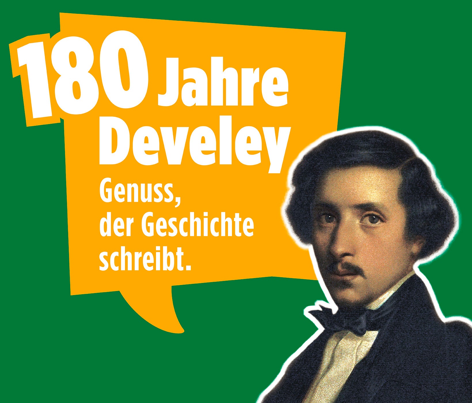 Develey 180 Jahre Jubiläum Website Banner mit Aufschrift: Genuss, der Geschichte schreibt