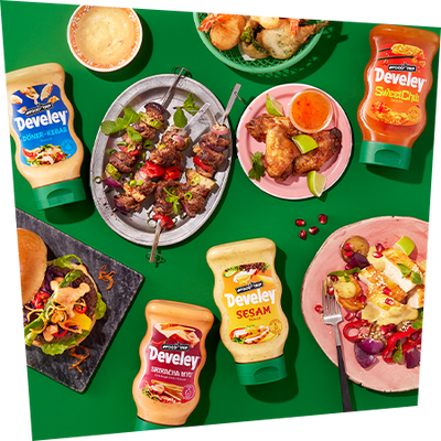 Develey Foodtrip Saucen 300 ml Range mit Fleischspießen, Tempuragemüse, Gemüse und Burger