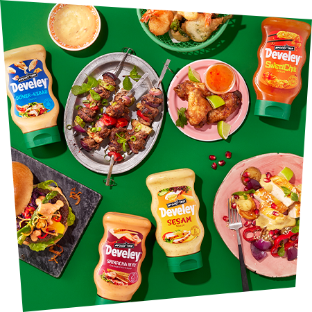 Develey Foodtrip Saucen 300 ml Range mit Fleischspießen, Tempuragemüse, Gemüse und Burger