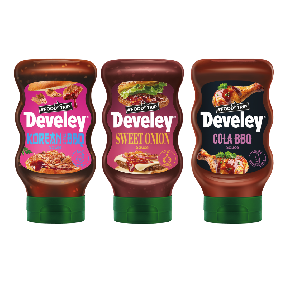 Die drei neuen Foodtrip Saucen Cola BBQ Sauce, Korean BBQ Sauce und Sweet Onion Sauce im Bundle