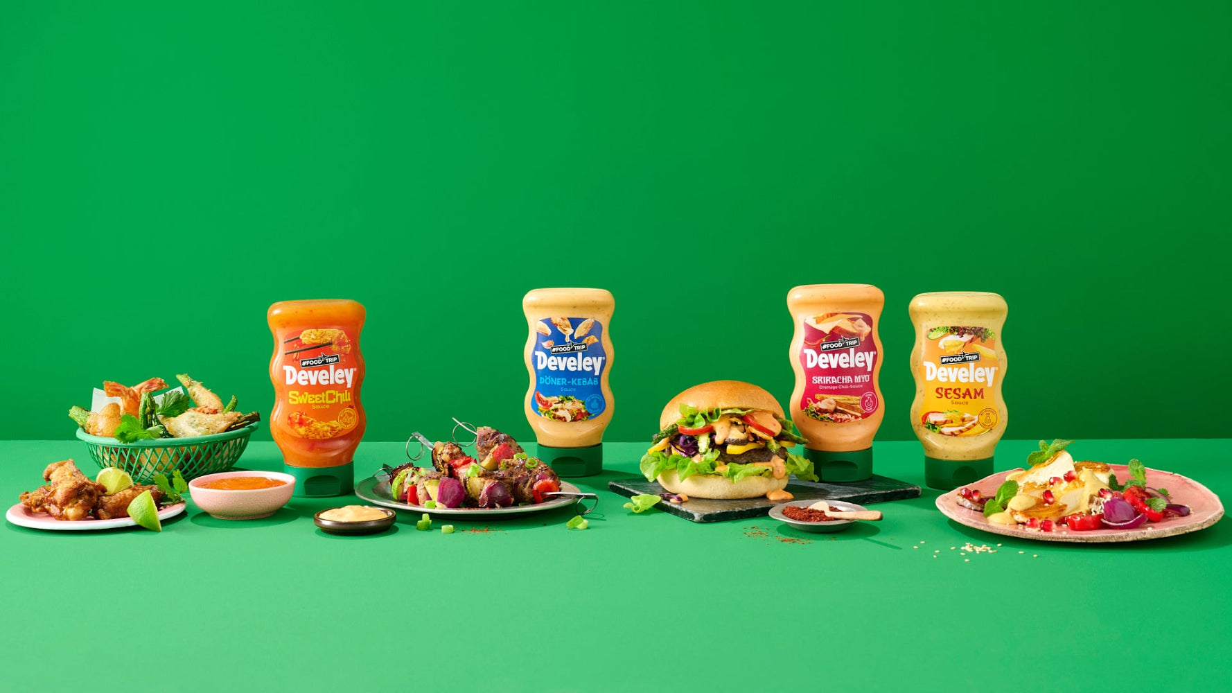 Develey Foodtrip Saucen Promotion - Sweet Chili - Döner Kebap Sauce - Sriracha Myo - Sesam Sauce mit Verzehrvorschlägen