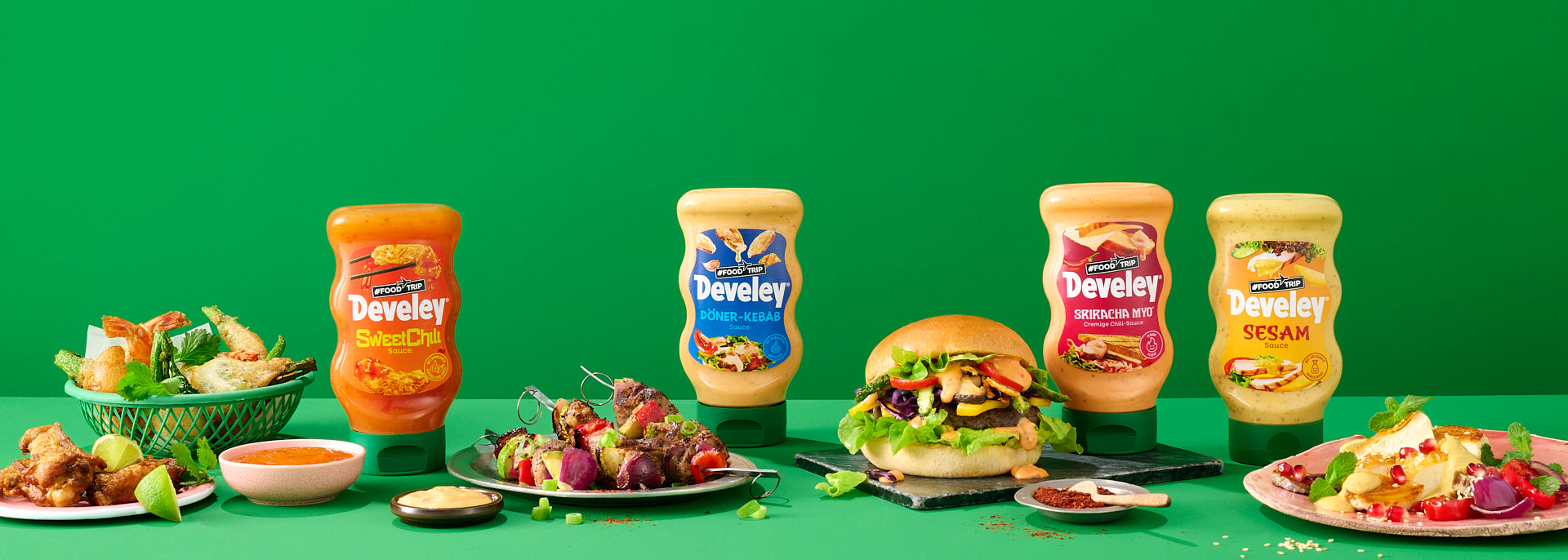 Develey Foodtrip Saucen Promotion - Sweet Chili - Döner Kebap Sauce - Sriracha Myo - Sesam Sauce mit Verzehrvorschlägen