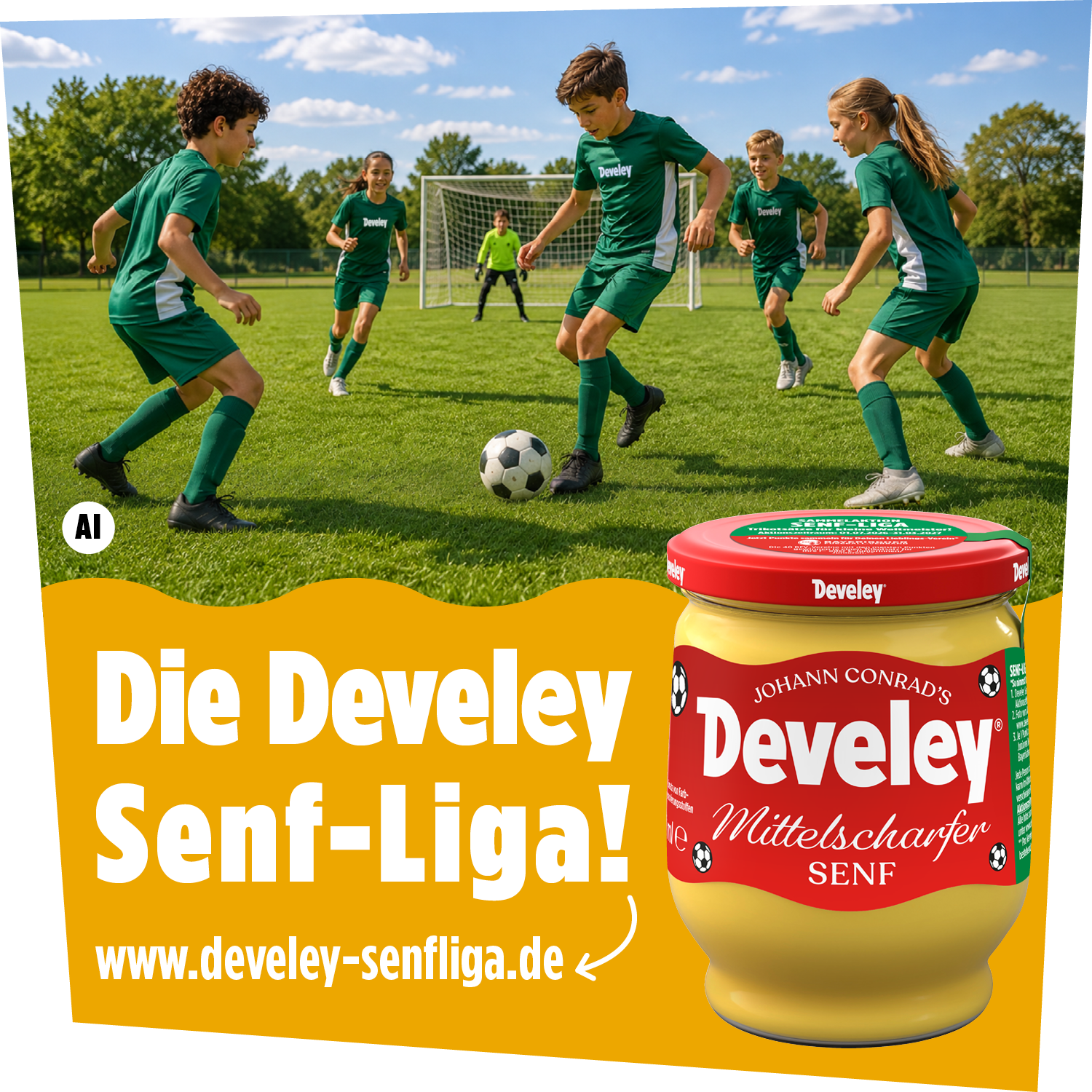 Kinder spielen Fußball in Develey Trikots