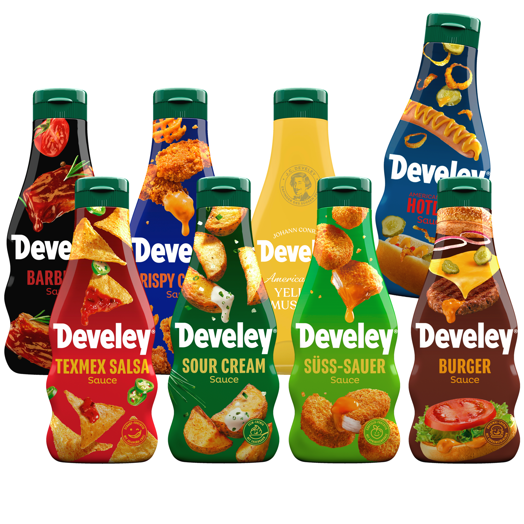 Die Produktabblidungen der Barbecue, Crispy Chicken, Hot Dog, Tex Mex Salsa, Sour Cream, Süß-Sauer und Burger Sauce und des American mustards