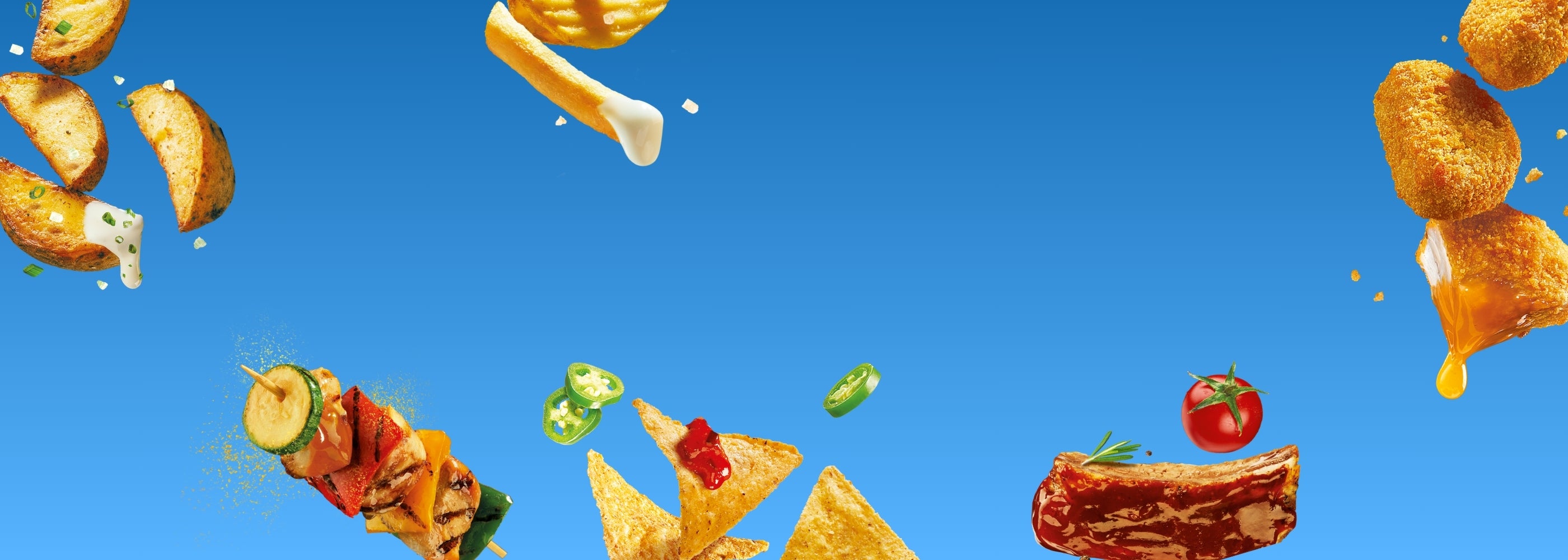 Develey Saucen mit Pommes, Nuggets, Nachos und Schaschlikspieß