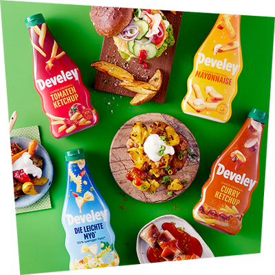 Develey Tomaten Ketchup und Mayo mit Burger und Wedges