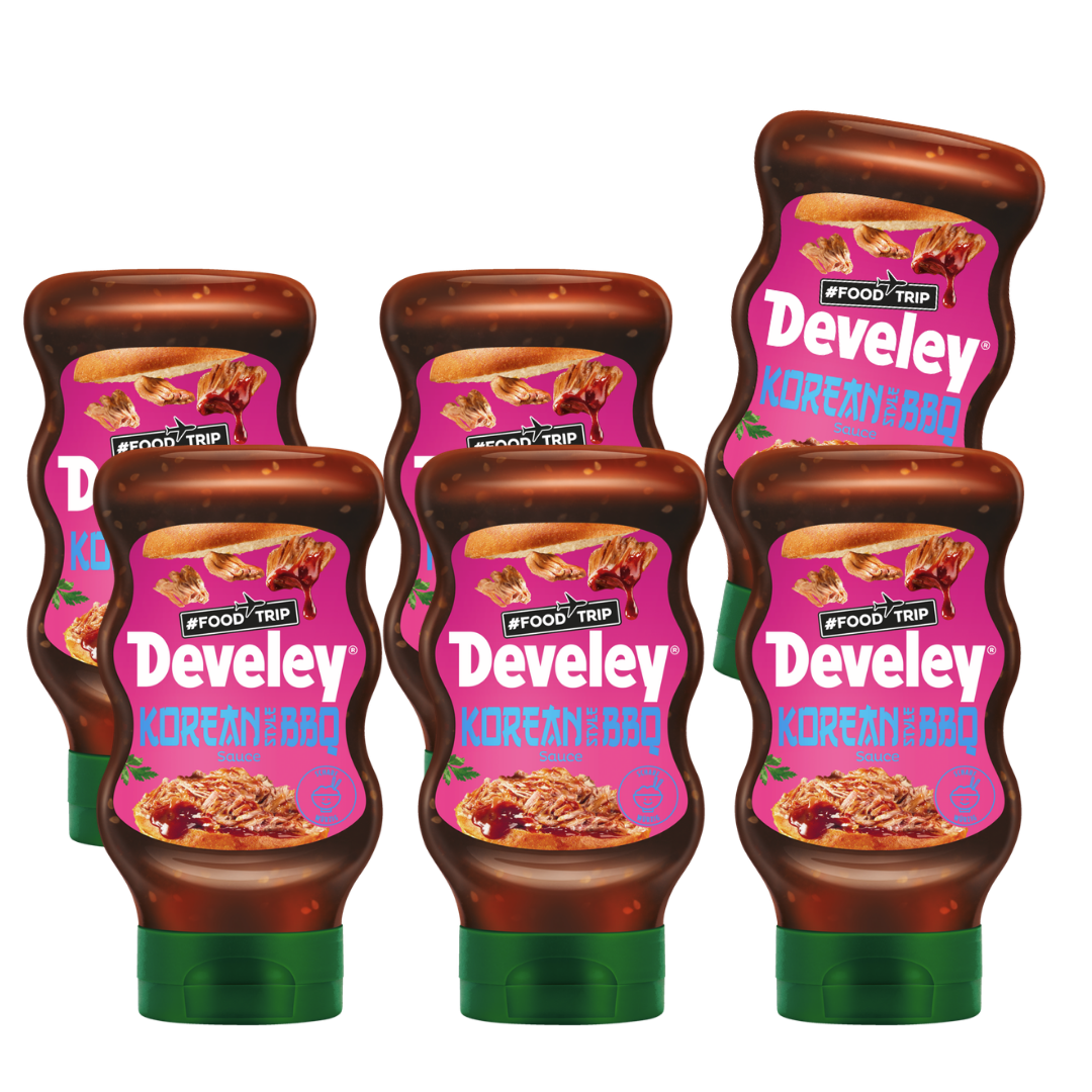 Die Produktabbildung der Korean Style BBQ Sauce in der 300 ml Flasche von Develey im 6er Spar-Set