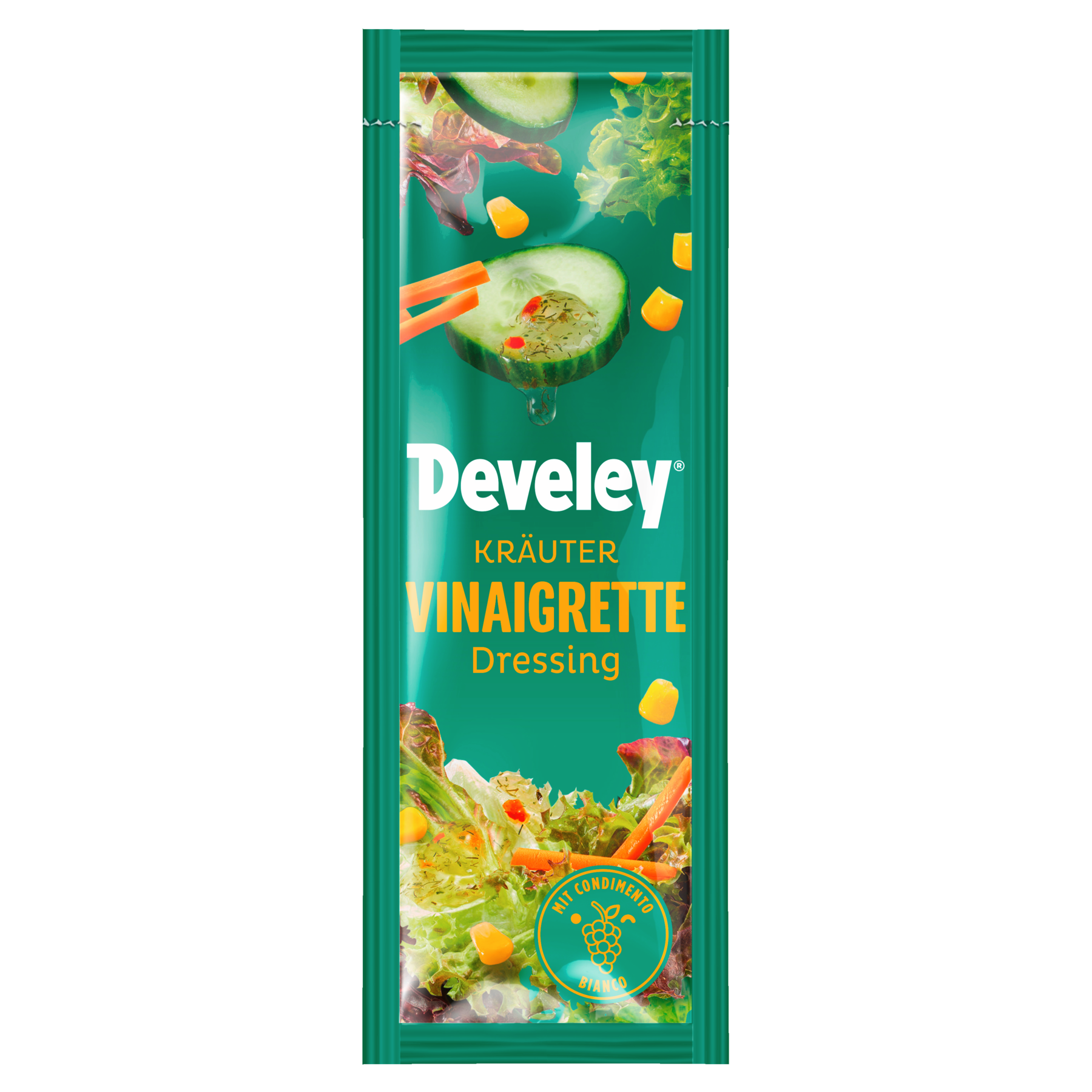 Die Produktabbildung des Kräuter Vinaigrette Dressing im Portionsbeutel von Develey für die Gastronomie