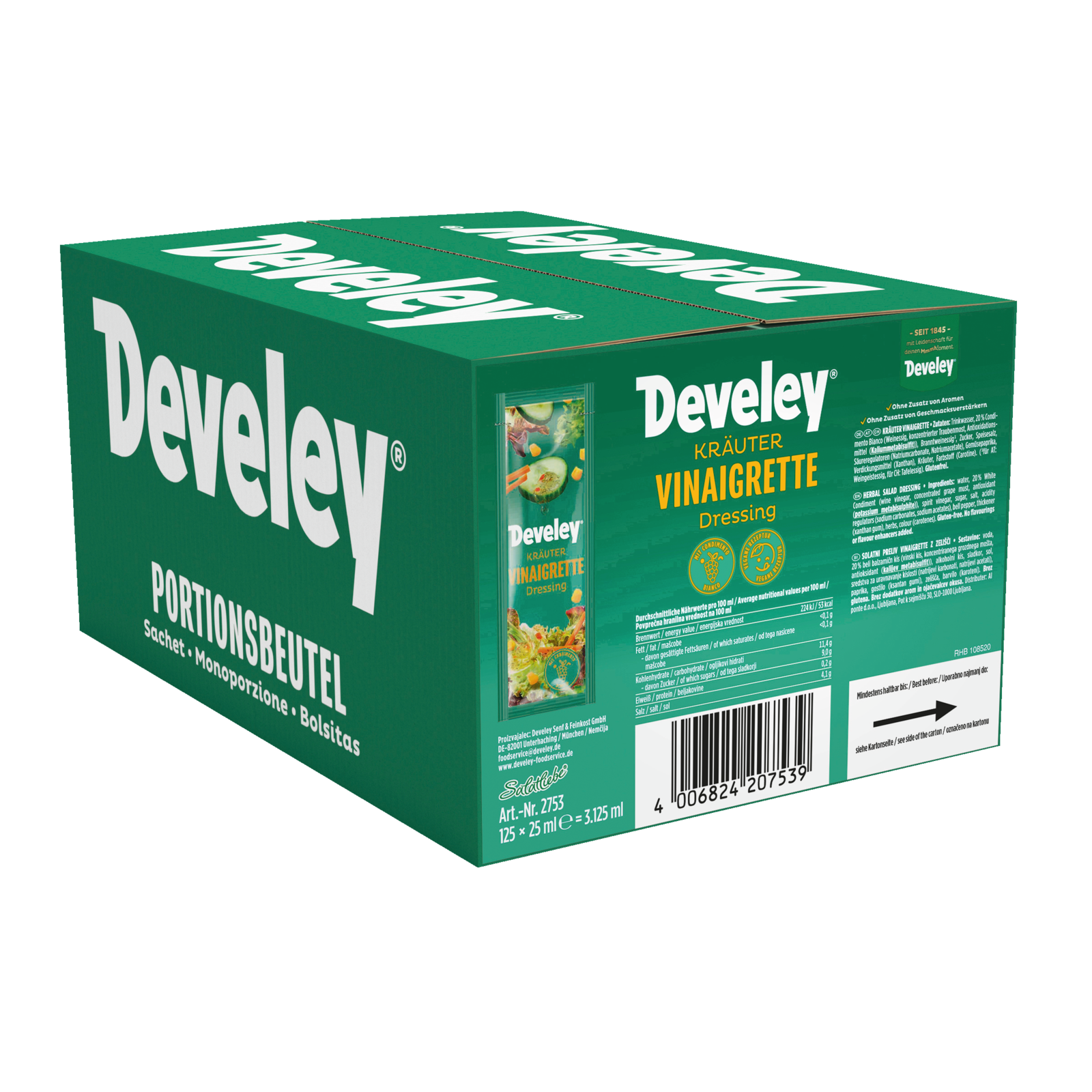 Die Produktabbildung des Kräuter Vinaigrette Dressing von Develey 125 Portionsbeutel für die Gastronomie