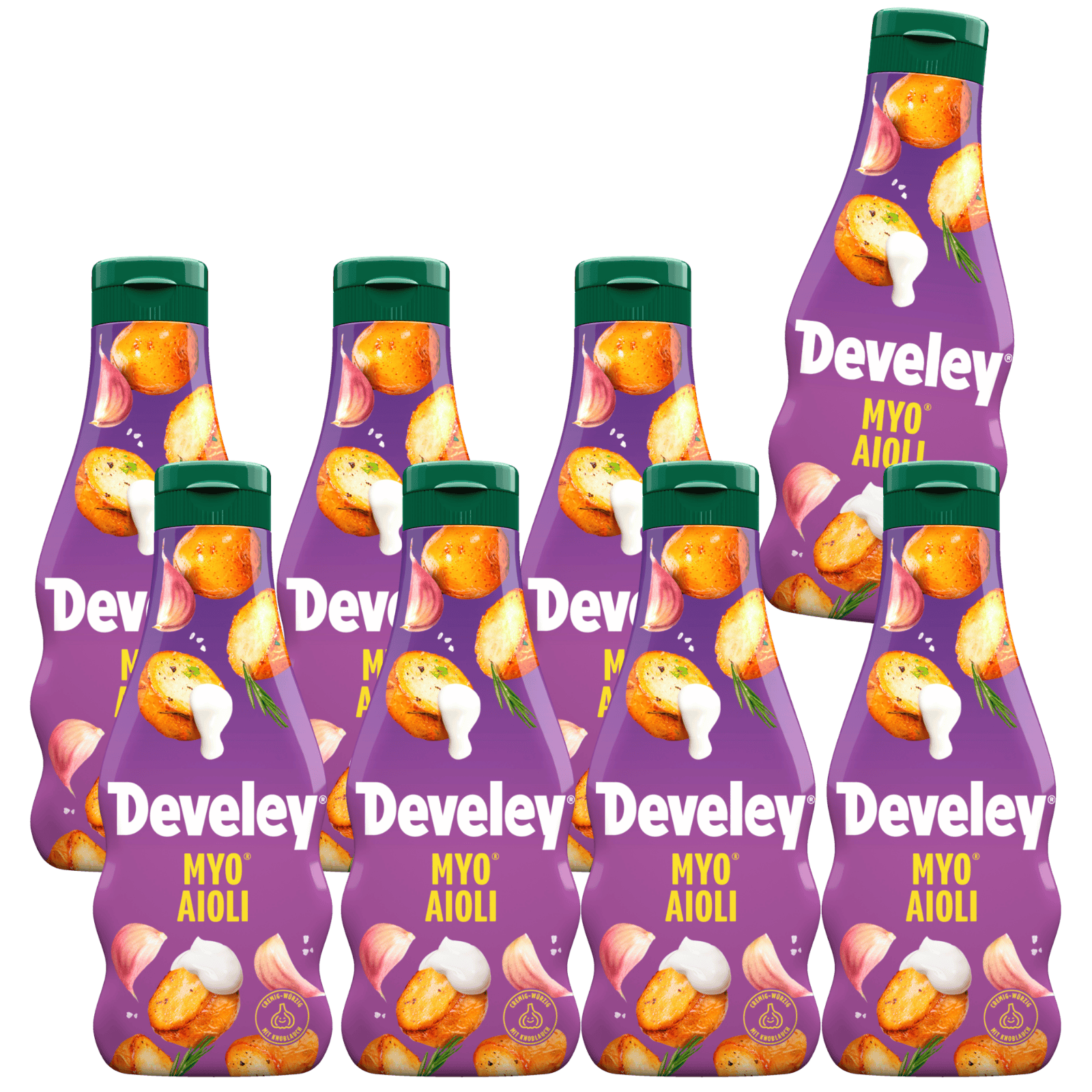 Die Produktabbildung der MYO® Aioli von Develey in der 235 ml Flasche im 8er Set