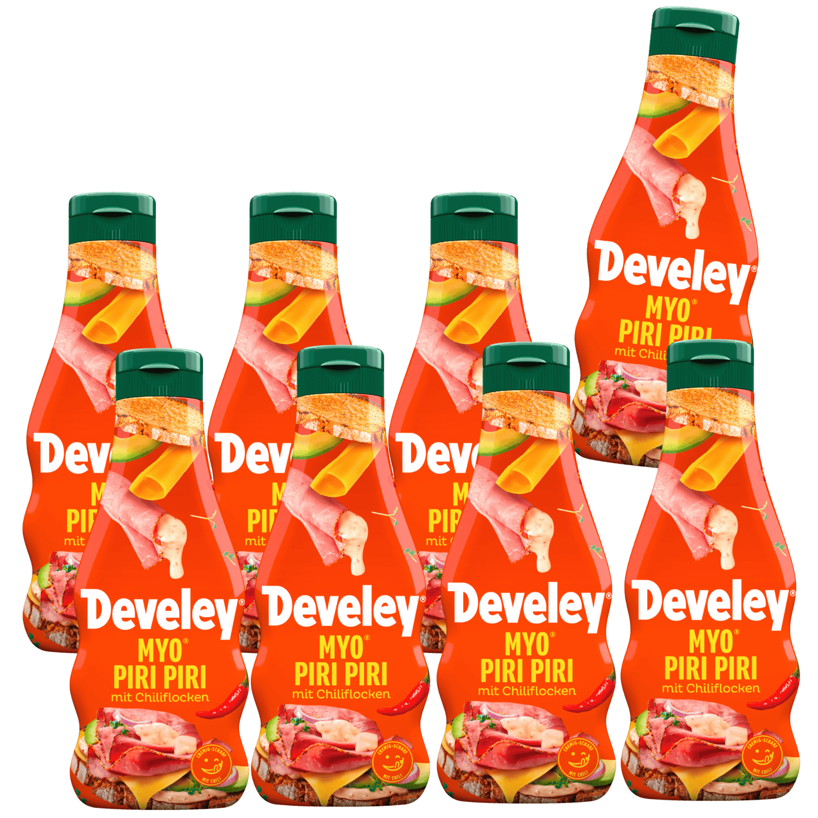 Die Produktabbildung der MYO® Piri Piri von Develey in der 235 ml Flasche im 8er Set