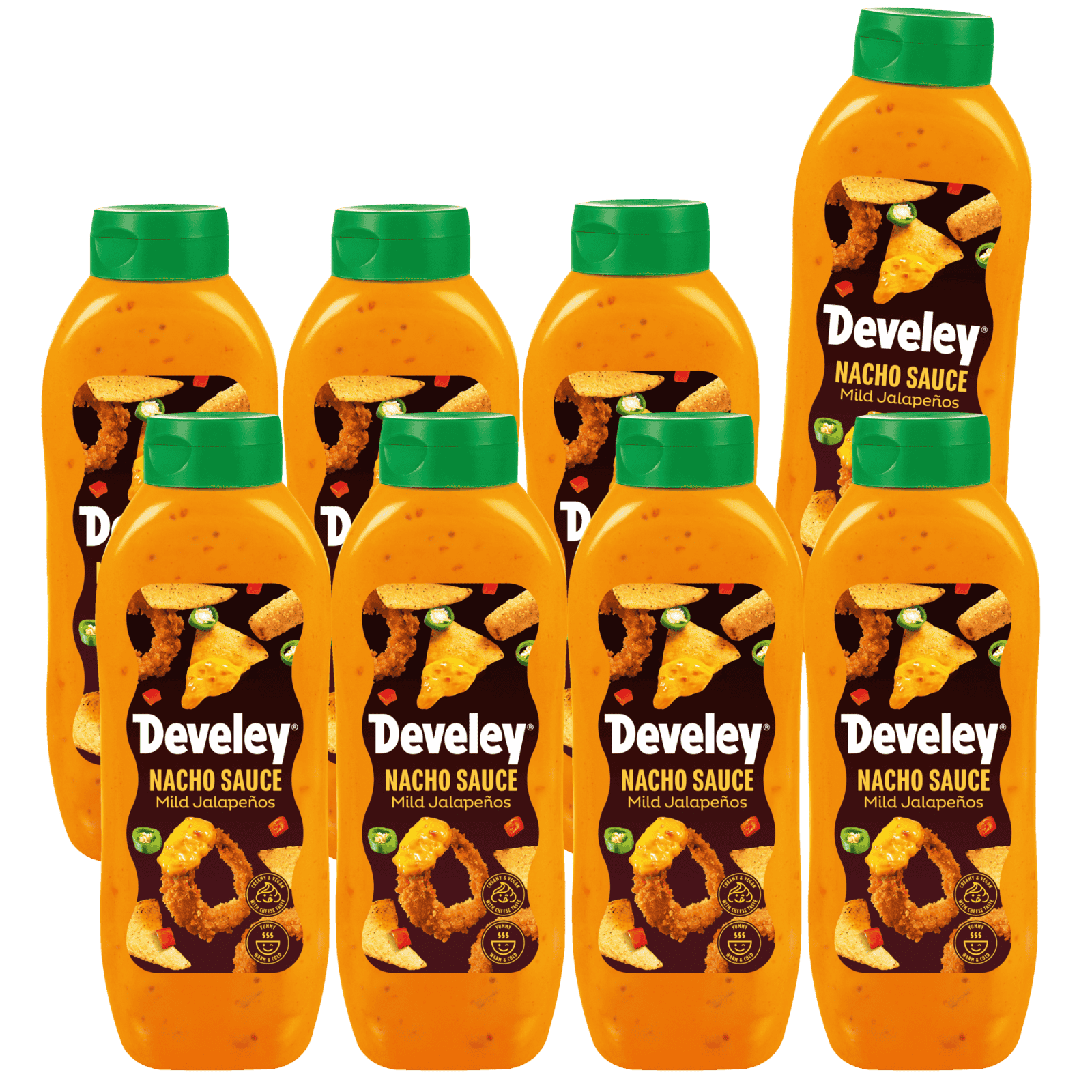 Die Produktabbildung der veganen Nacho Sauce mit Paprika- und Jalapenostückchen von Develey in der Großverpackung im 8er Set