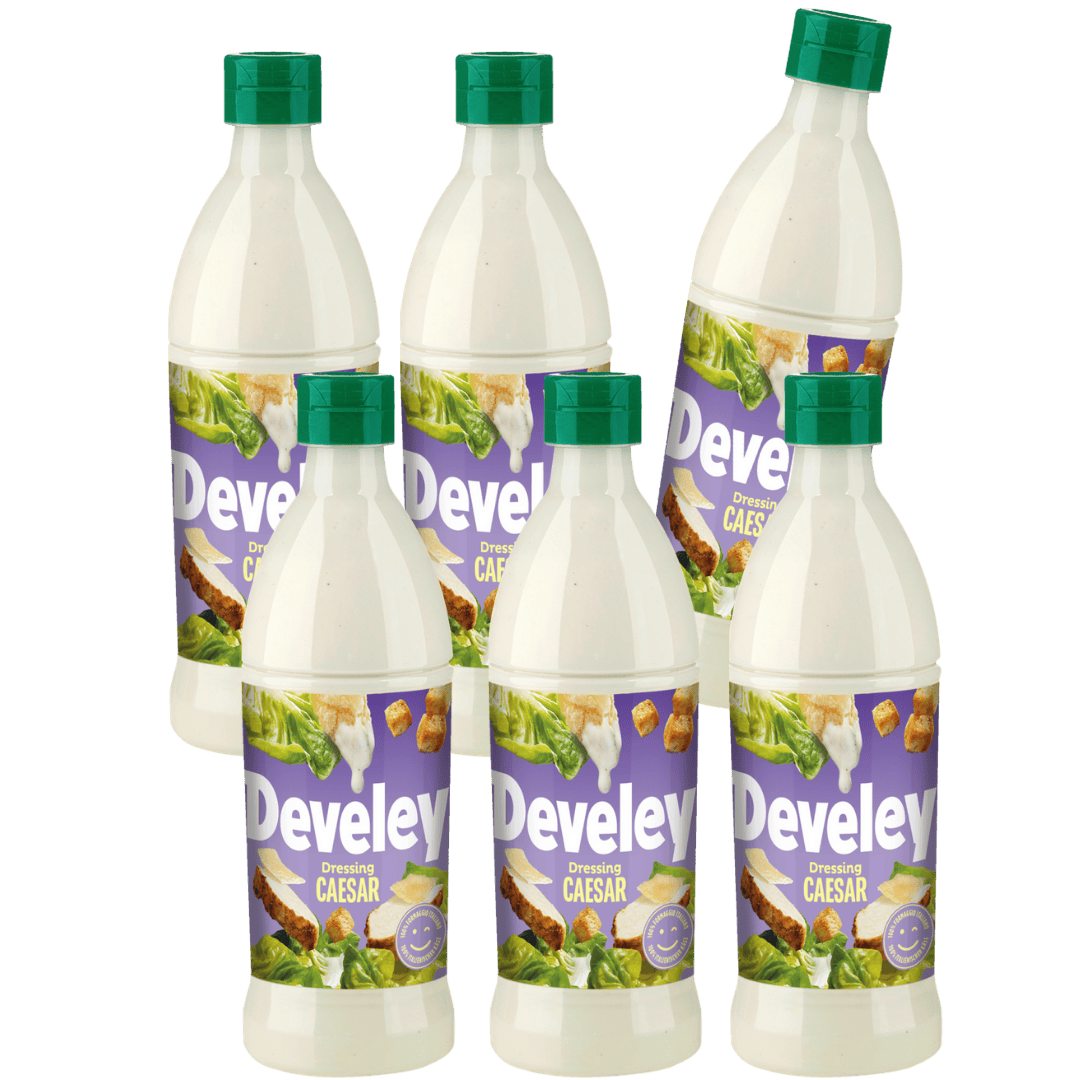 Eine Produktabbildung von dem Caesar Dressing von Develey im 6er Multipack in der 500 ml Flasche