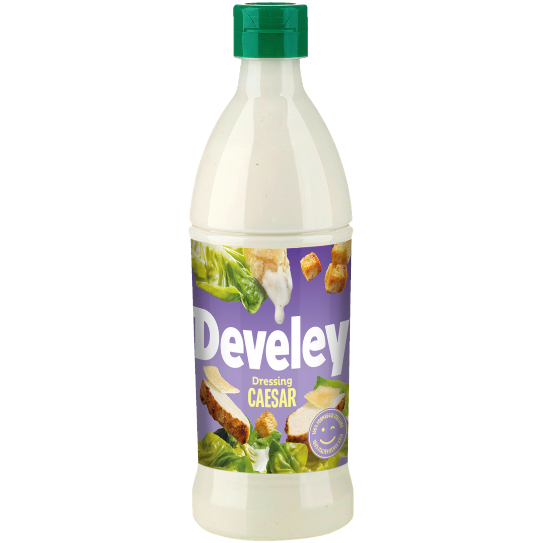 Eine Produktabbildung von dem Caesar Dressing von Develey in der 500 ml Flasche