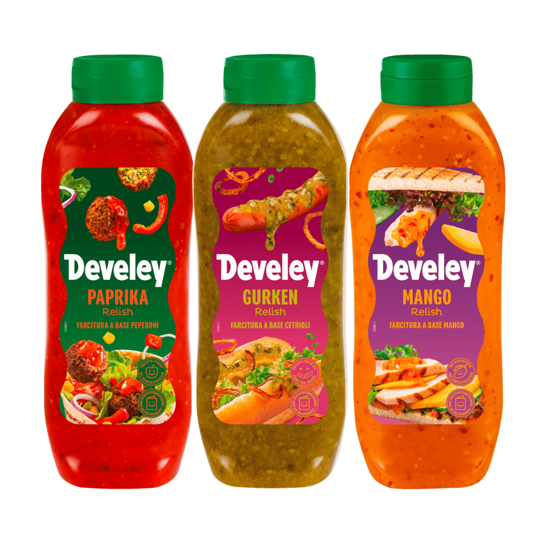 Die Produktabbildungen des Paprika, Mango und Gurken Relish im 3er Set von Develey