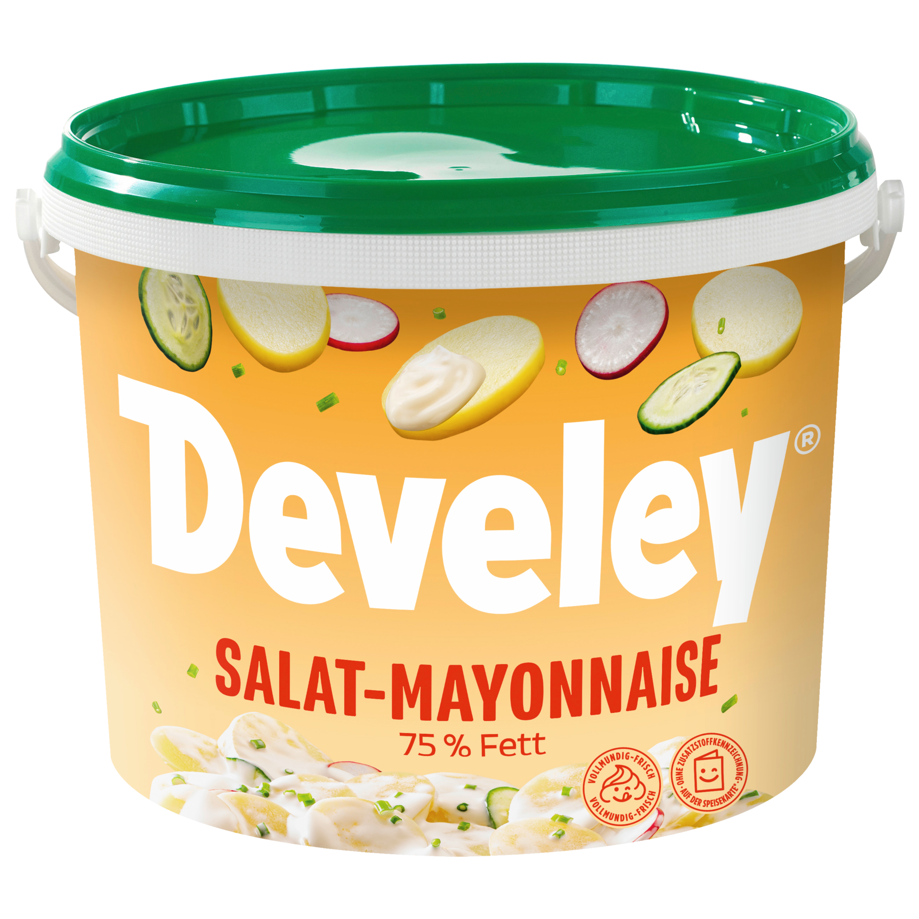Die Produktabbildung der Salat-Mayonnaise mit 75% Fett von Develey im 5 kg Eimer besonders für die Gastronomie geeignet