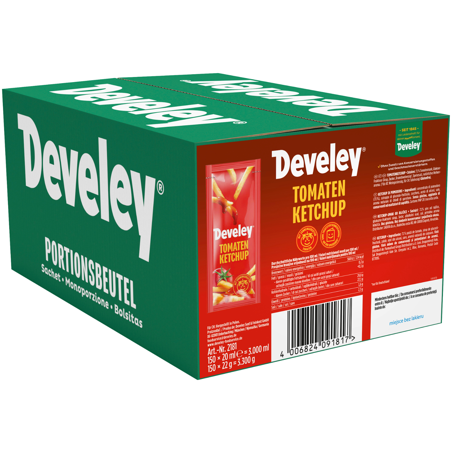 Die Produktabbildung des Tomaten Ketchup von Develey 150 Portionsbeutel für die Gastronomie