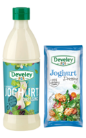 Joghurt Dressing im 75ml Portionsbeutel, in der 230ml Glasflasche, in der 500ml Plastikflasche, passt zu Avocado, Salat und Grillgemüse, glutenfrei, vegetarisch