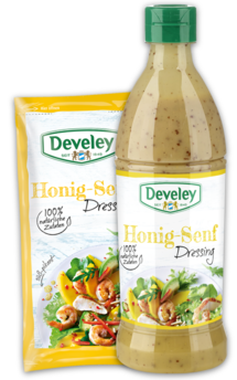 Honig-Senf Dressing im 75ml Portionsbeutel, in der 500ml Plastikflasche, passt zu Avocado, Salat und Grillgemüse, glutenfrei, vegetarisch