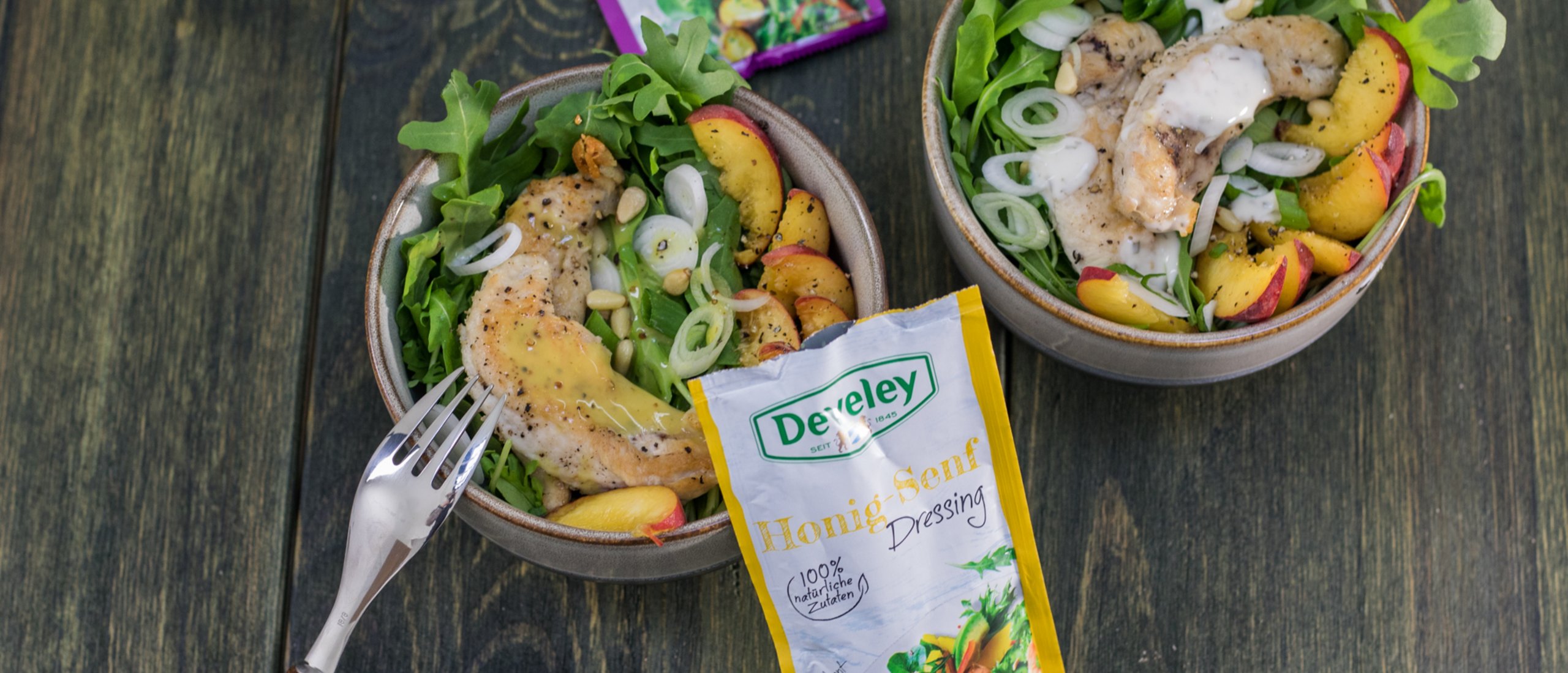 Rezept, Gericht von Develey: Rucola Pfirsich Salat mit Honig-Senf Dressing