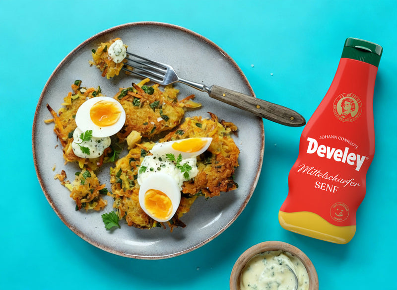 Reibekuchen mit Ei und Develey Senf