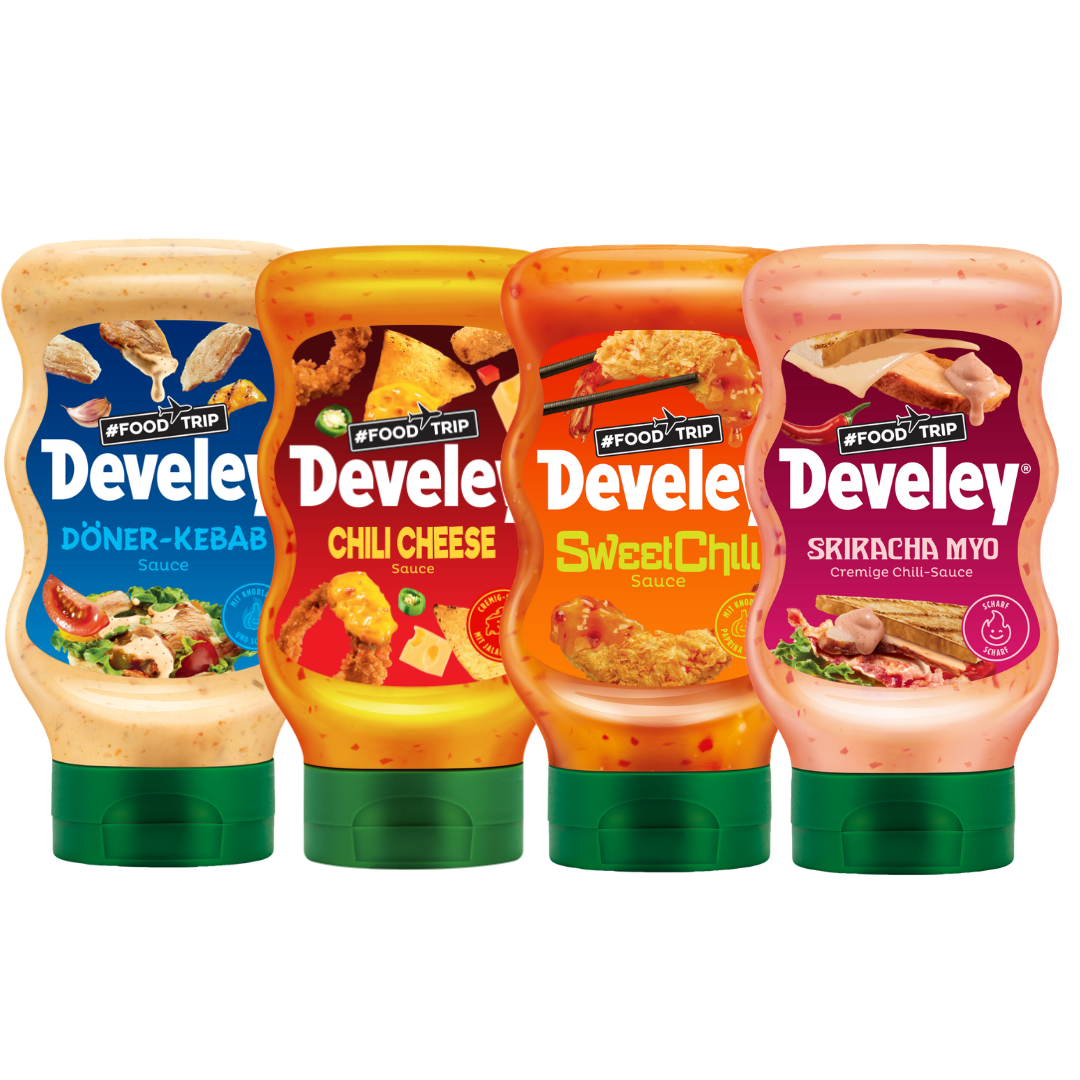 Develey Foodtrip Bundle - Kebab Sauce, Sriracha Sauce, Sweet Chili Sauce, Chili Cheese Sauce (4x 300ml)
