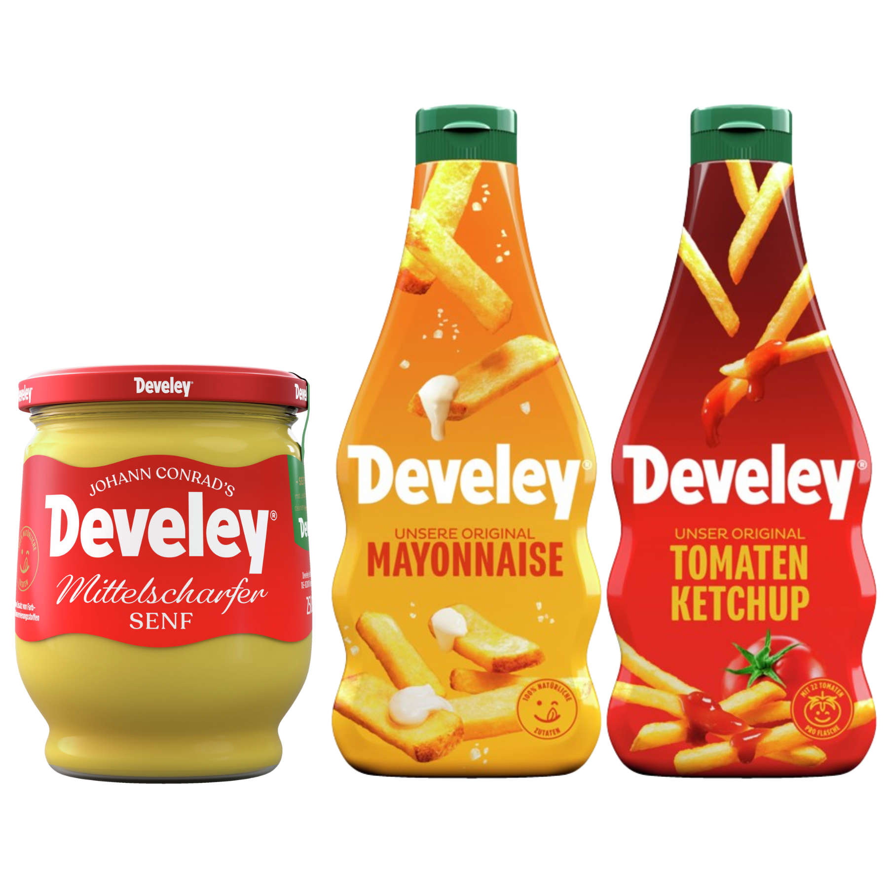 Die Produktabbildungen des mittelscharfen Senf, der Mayonnaise und des Ketchup von Develey im 3er Bundle