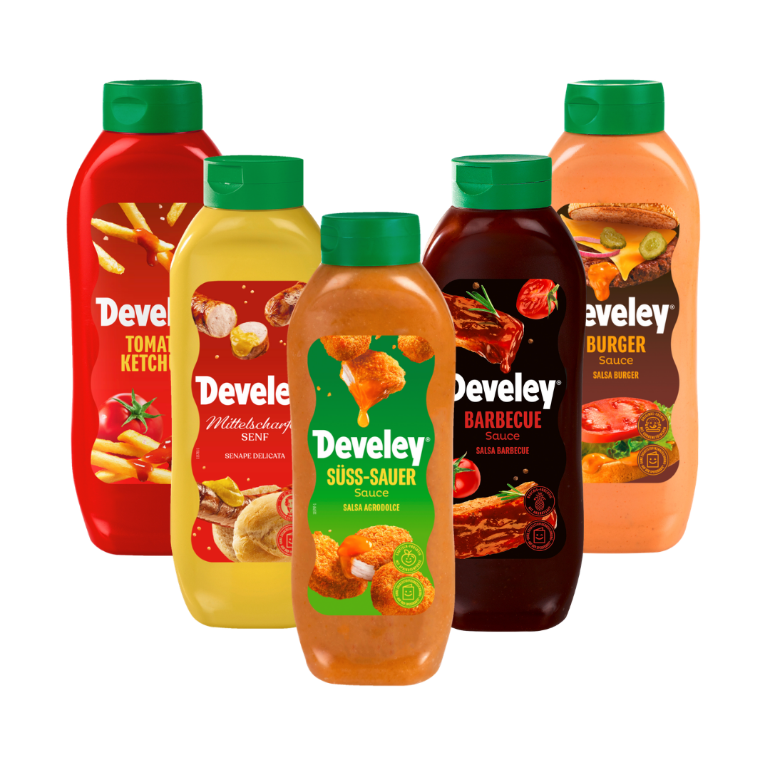 Der Tomatenketchup, der mittelscharfe Senf, die Süß-Sauer Sauce, die Barbecue Sauce und die Burger Sauce von Develey im Set