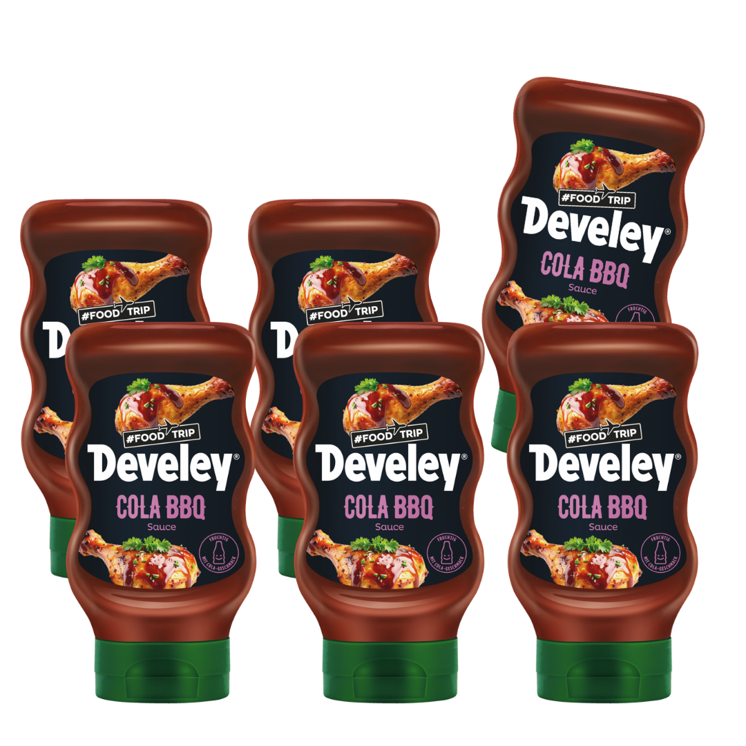 Die Produktabbildung der Cola BBQ Sauce in der 300 ml Flasche von Develey im 6er Spar-Set