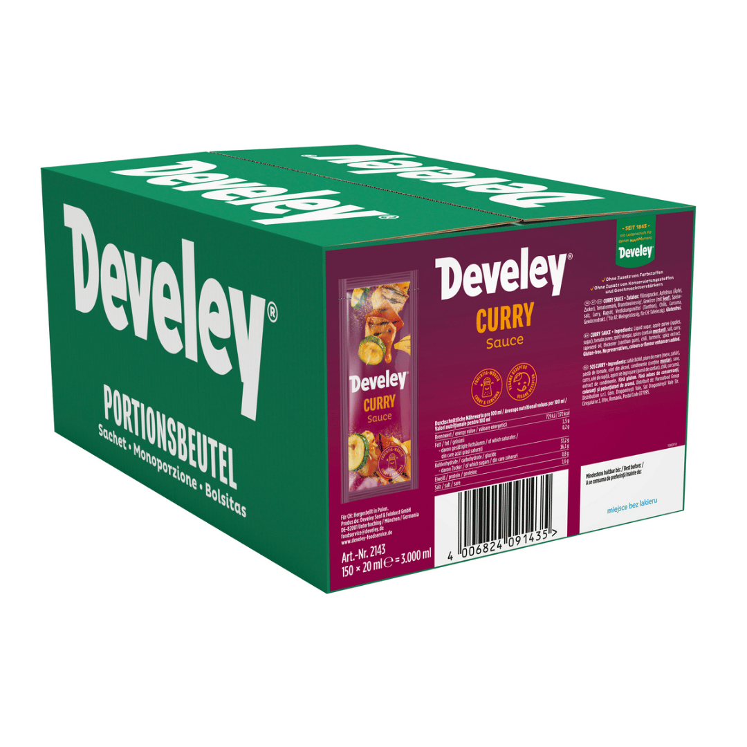 Die Curry Sauce von Develey mit 150 x 20 ml Portionsbeutel für die Gastronomie