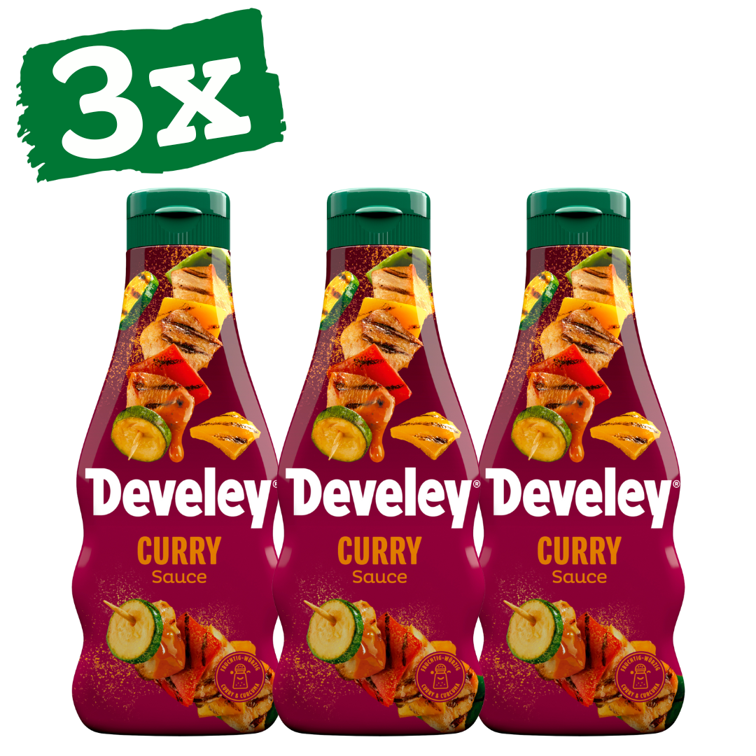 Die Curry Sauce von Develey ist würzig scharf und passt perfekt zu Geflügel, Grillgemüse und Ofenkartoffel, Squeeze, 250ml, Grillsauce, vegan, vegetarisch