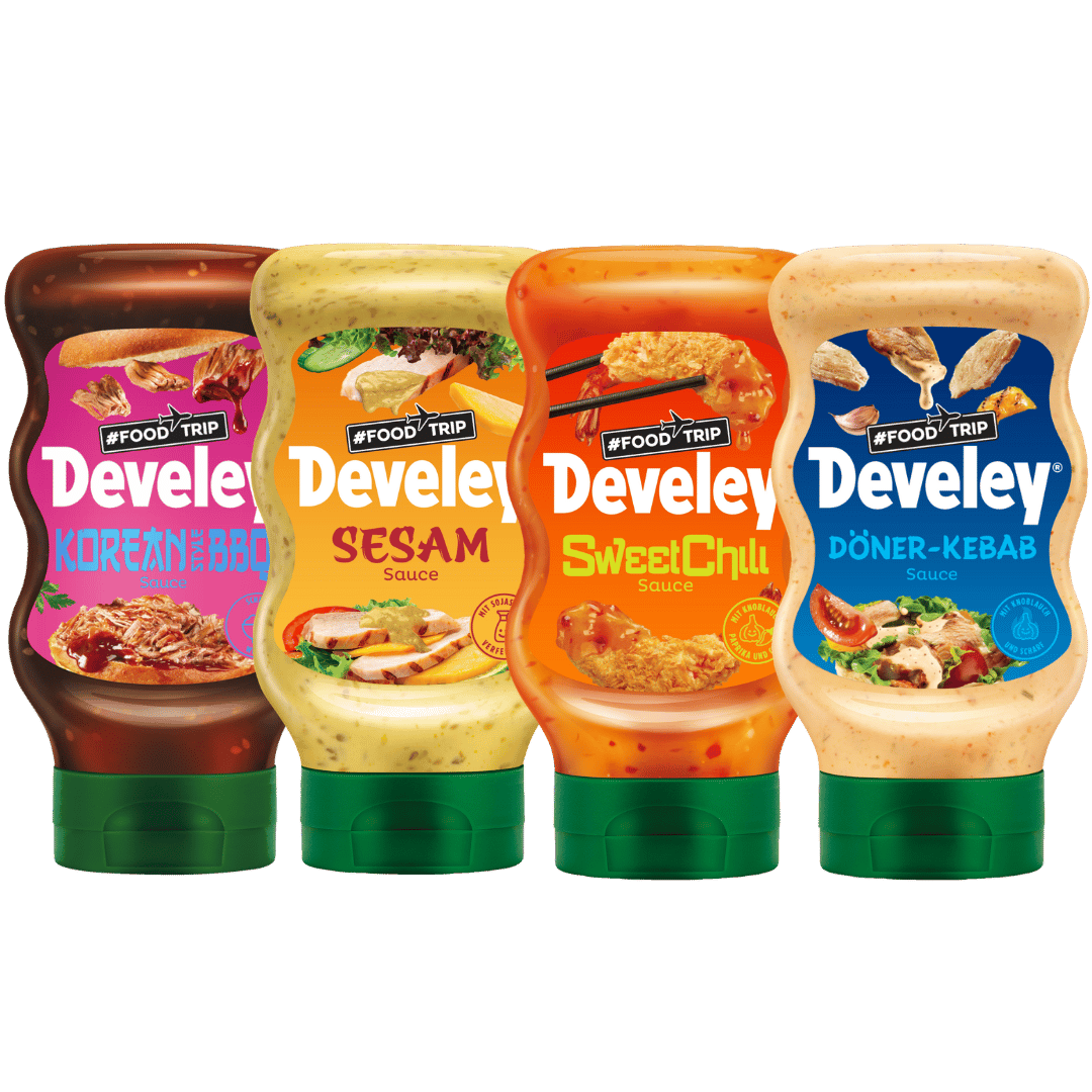 Develey Foodtrip Bundle - Kebab Sauce, Sesam Sauce, Korean Style BBQ Sauce, Sweet Chili Sauce (4x 300ml)
