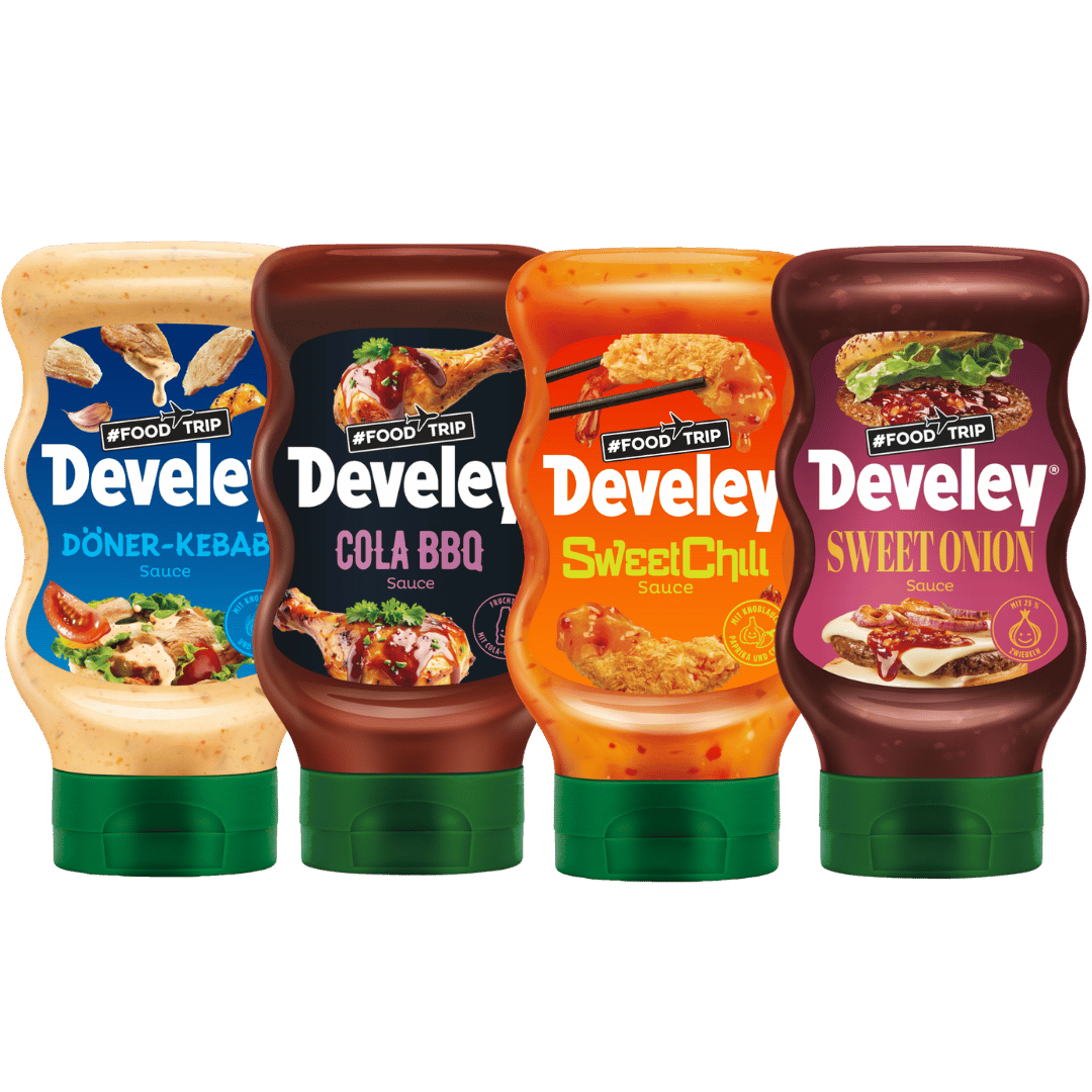 Develey Foodtrip Bundle - Kebab Sauce, Sweet Onion Sauce, Sweet Chili Sauce, Cola BBQ Sauce (4x 300ml)