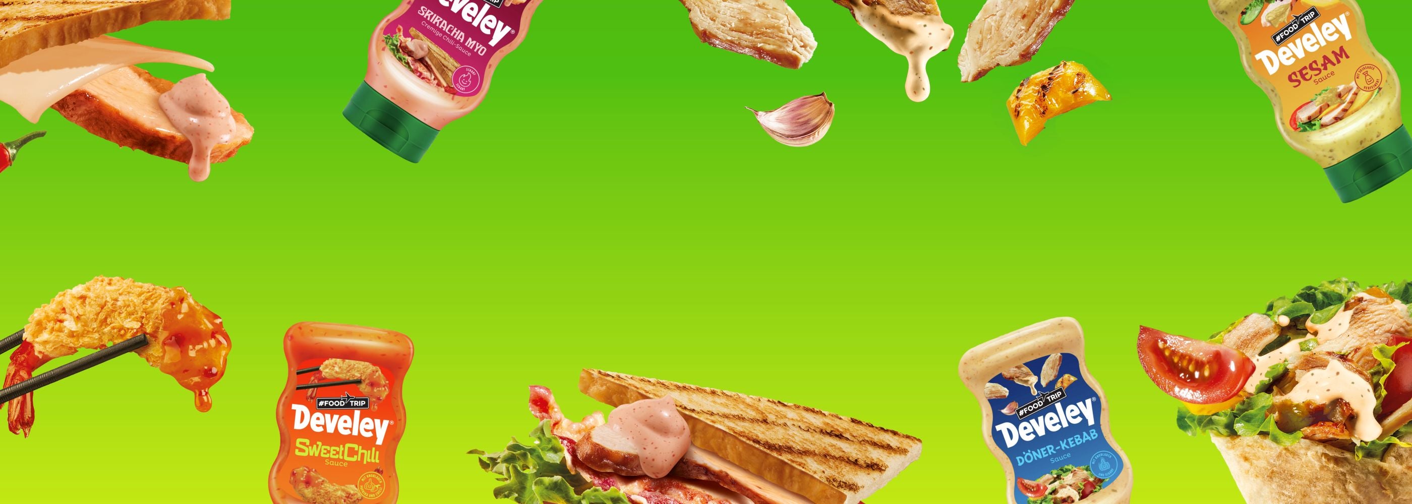 Develey Foodtrip Saucen mit Dönerfleisch, Sandwich, Tempura Garnele und Wrap