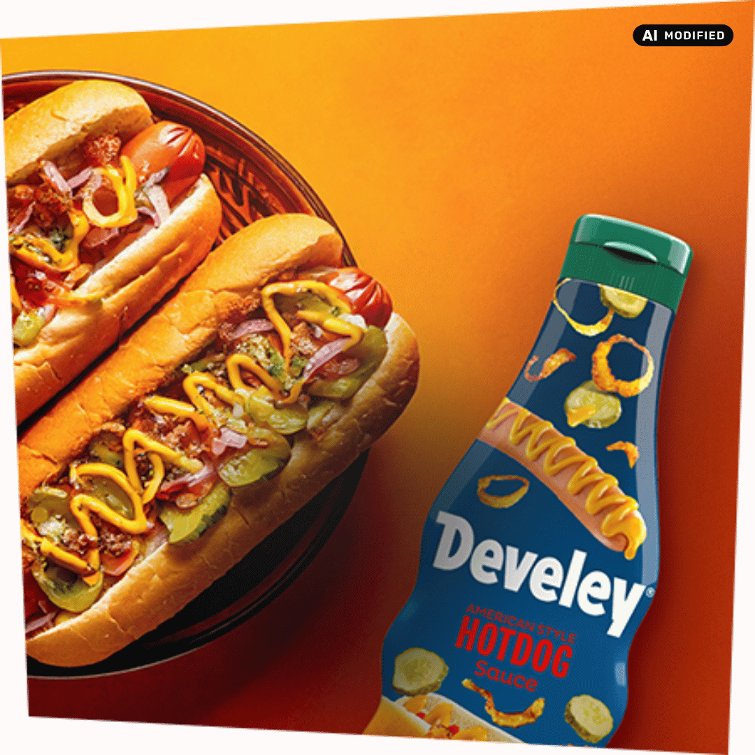 Zwei Hot Dogs mit Gurken und Röstzwiebeln garniert mit der Hot Dog Sauce von Develey