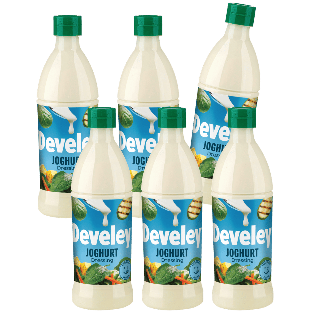 Die Produktabbildung des Joghurt Dressings in der 500 ml Flasche von Develey im 6er Spar-Set