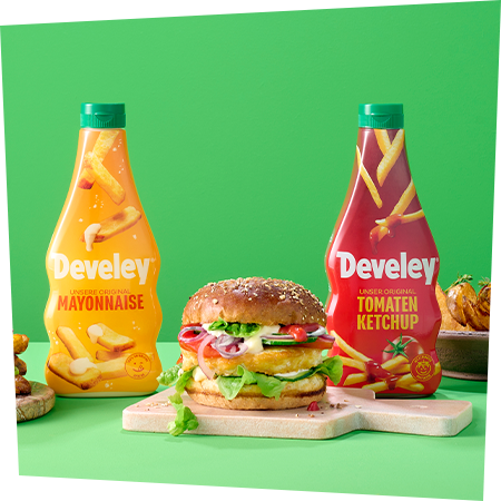 Develey Tomaten Ketchup und Mayo mit Burger und Kartoffel-Wedges