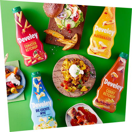 Develey Tomaten Ketchup und Mayo mit Burger und Wedges