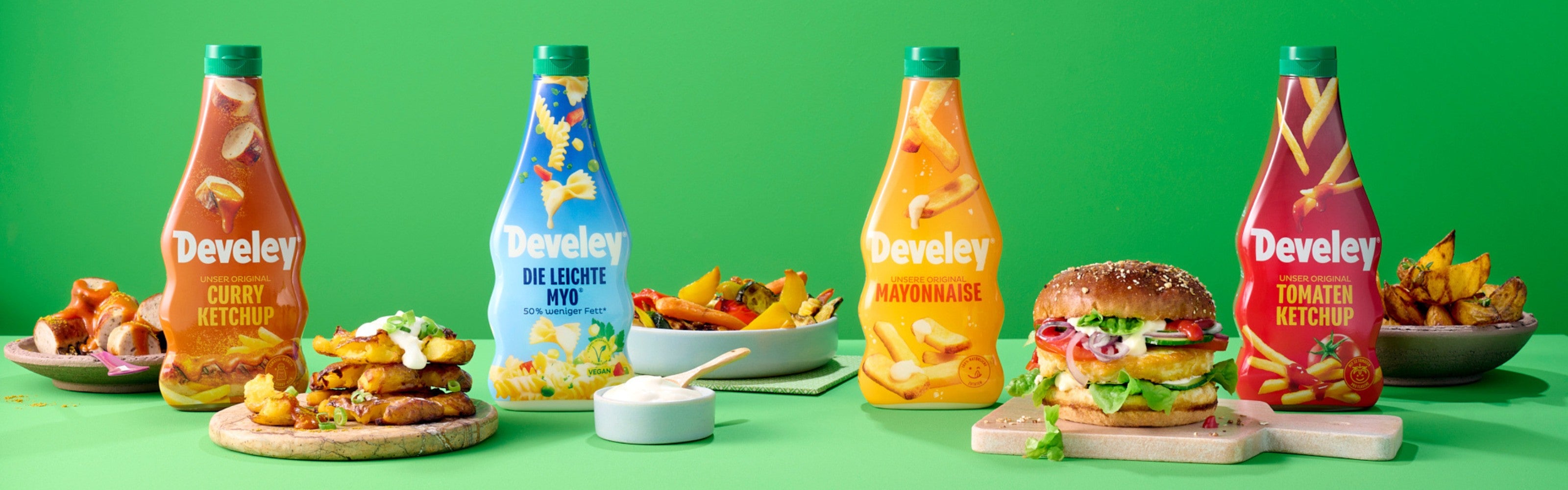 Develey Ketchup und Mayonnaise in der 500 ml Wellenflasche mit Pommes, Currywurst und Burger