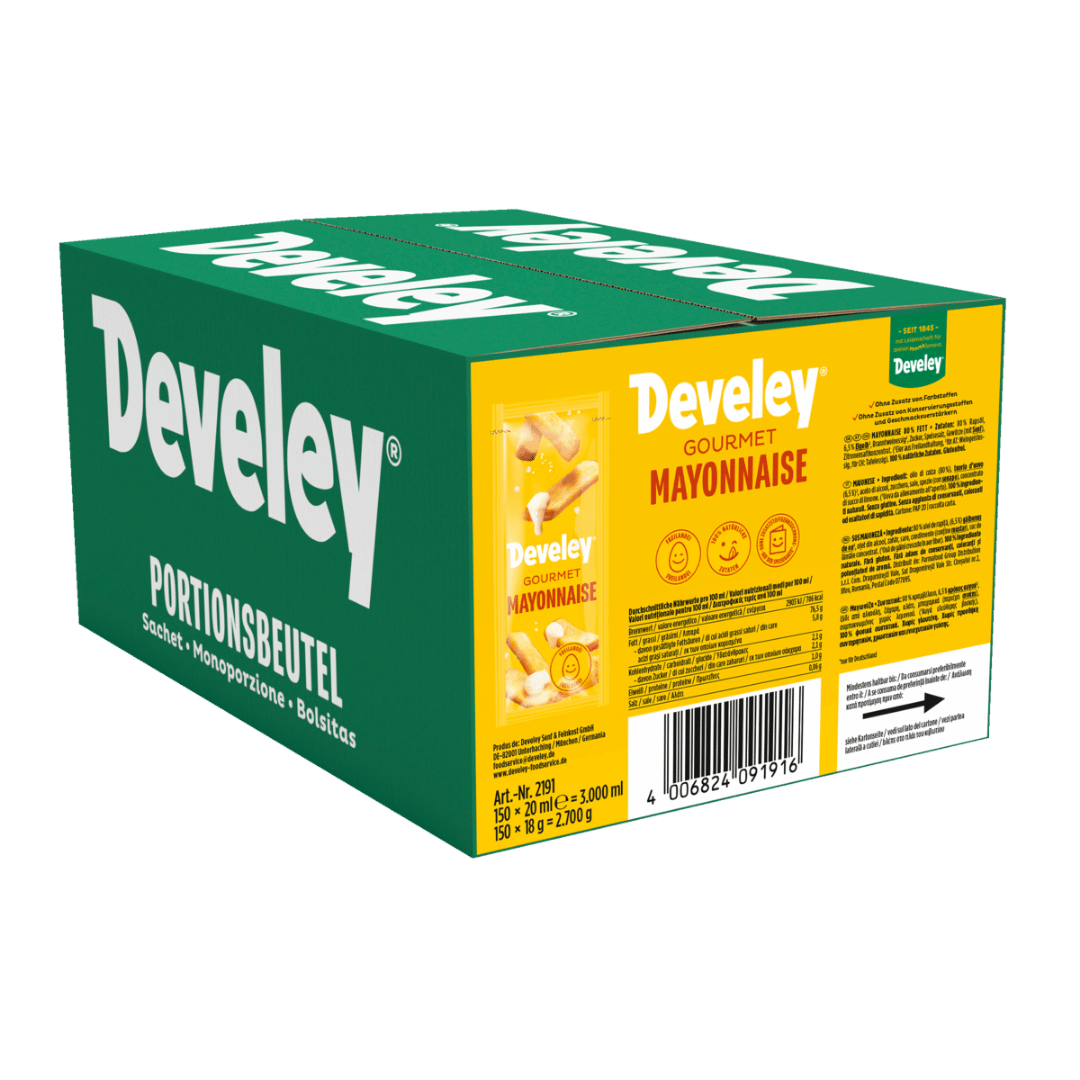 Die Mayonnaise von Develey mit 150 x 20 ml Portionsbeutel für Gastronomiebetriebe