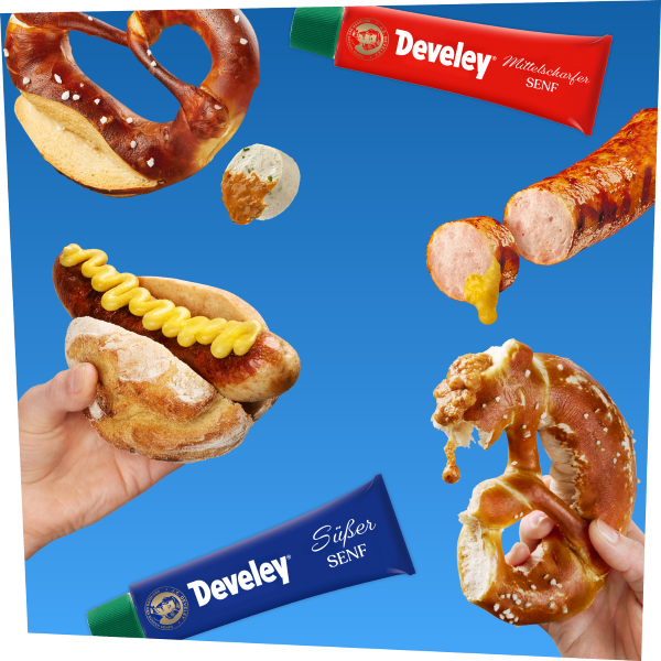 Der mittelscharfe Senf und der süße Senf von Develey mit Bratwurst und Breze