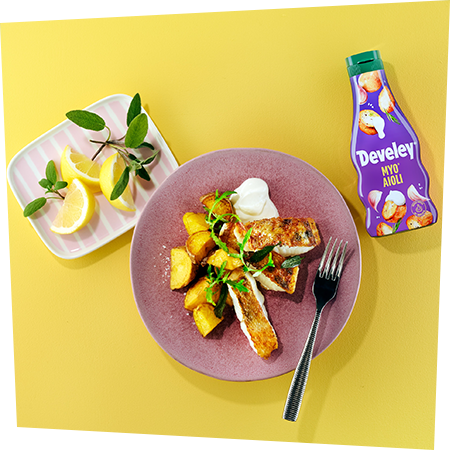 Develey Myo Aioli mit Bratkartoffeln und Fisch